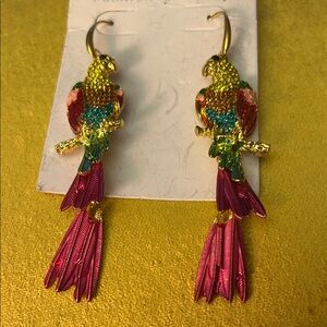 Colorful Parrot Drop Earrings - Gold, Pink, Teal